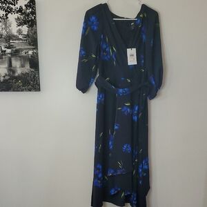NWT DKNY Floral Balloon Sleeve Wrap Dress Size 10 Midi Church Resortwear